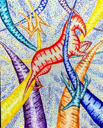 Balzo Arcuato o Ricurvista. Olio su carta da parati Telata, 76x94cm.